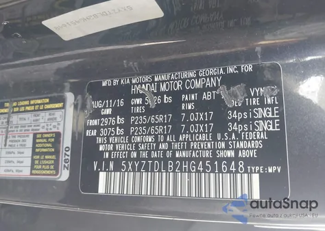 2017 Hyundai Santa Fe Sport 2.4L from USA, damaged, VIN 5XYZTDLB2HG451648